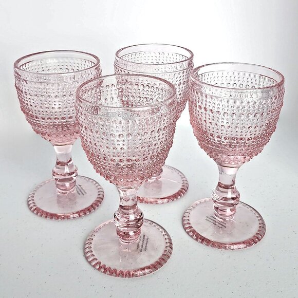 Set of 4 Textured Pink Wine Water Glasses Bubble Pearl Stem Glassware - Picture 2 of 4